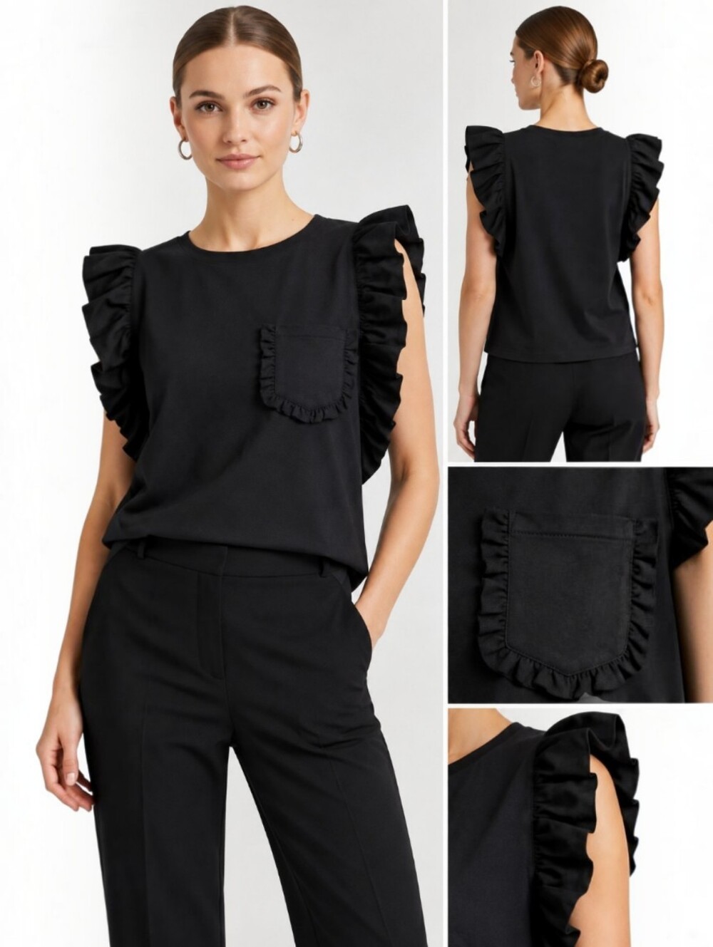 DREW Black Ruffle Sleeve Pocket Top, S NWT Minimalist French Style Chic